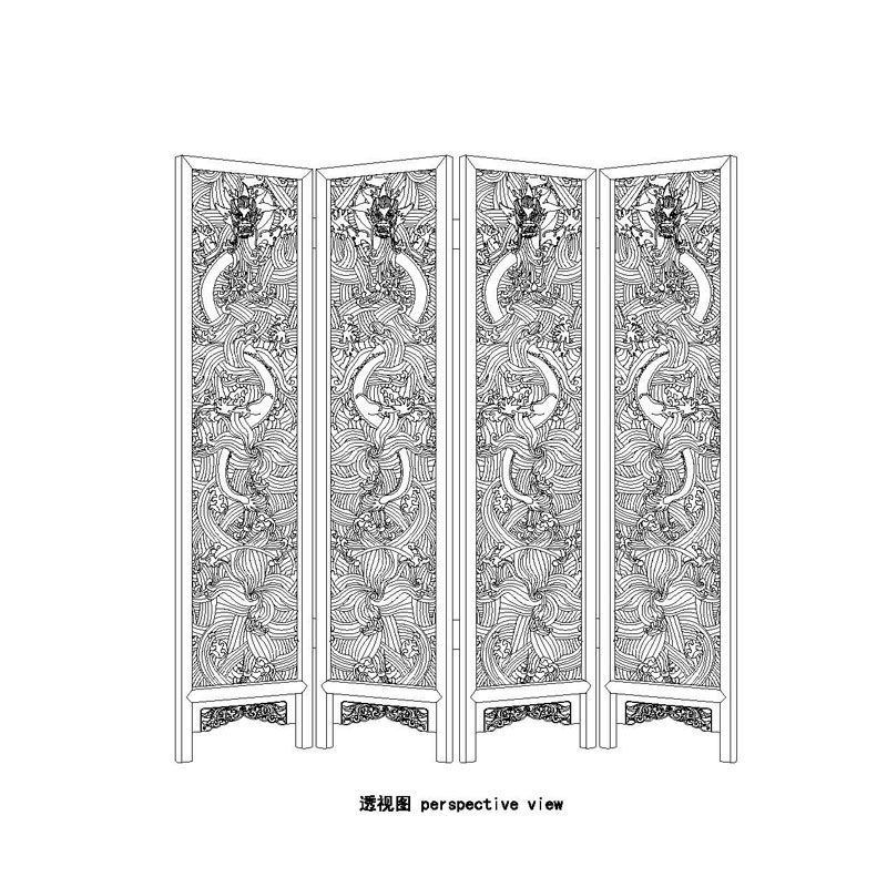OEEA Rosewood Qing four-leafed folding screen with copper inlay and sea-and-dragon pattern